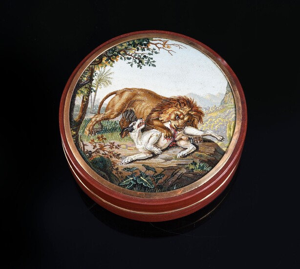 ROUND RED JASPE BOX, ROME, CIRCA 1810, ATTRIBUTED TO FILIPPO PUGLIESCHI.Lid decorated with a micro-mosaic medallion depicting a lion and a dog fighting. This decoration is a repetition of the painting A lion devouring a dog by Johann Wenzel Peter...