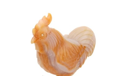 RUSSIAN CARVED AGATE GILT SILVER ROOSTER FIGURINE