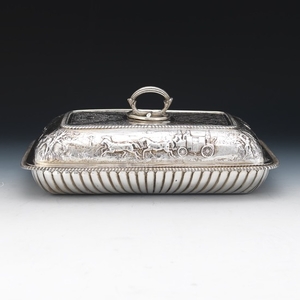Rare George III Sterling Silver Entree Dish with Cover, Coaching Scene, by John Robins, London, dated 1801