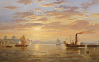 Raymond Campbell, British b.1956- Shipping scene off Greenwich; oil on canvas, signed, 51 x 76cm (ARR)
