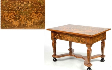 Rectangular middle table in the Louis XIV style in veneer wood and light wood floral marquetry with "Birds and butterflies" opening by a drawer with an "X" shaped spacer ending with ball feet. Dutch work. Period: 17th century. (** of use)...