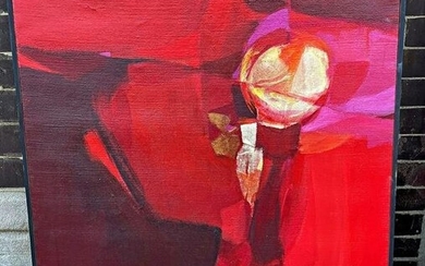 Red Mid Century Abstract Oil Painting