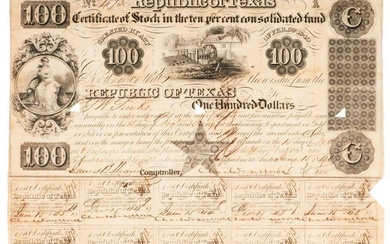 Republic of Texas $100 Stock Certificate, 1840