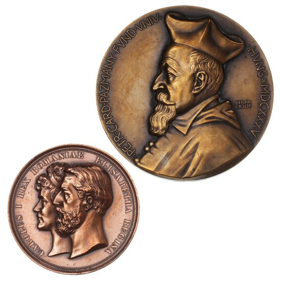 Romania, bronze medal 1883 for Pelesch Castle, 59 mm, 92.32 g; Hungary, bronze medal on the occasion of Pazmany University's 300th anniversary in 1935