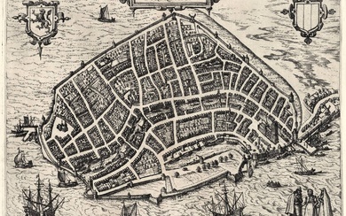 [Rotterdam et ses environs]. "Rotterdam". Plan à vol d'oiseau gravé, avec cartouche vide, 25x33,5 cm,...
