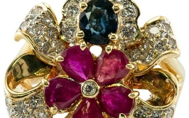 Ruby Sapphire Diamond Flower Ring 18K Gold