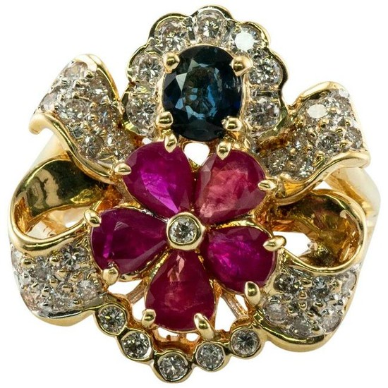 Ruby Sapphire Diamond Flower Ring 18K Gold