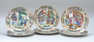 SET OF SIX CHINESE EXPORT PORCELAIN PLATES Central decoration of exterior Mandarin scenes. Heavy enameled floral and insect borders....