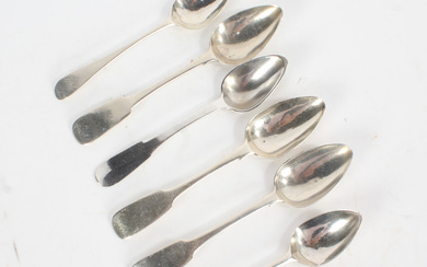 SIX GEORGE III AND LATER SILVER TEASPOONS, VARIOUS DATES AND MAKERS.