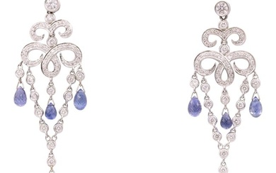 Sapphire Diamond Deco Inspired Drop Earrings 7.71 Carat 18 Karat White Gold