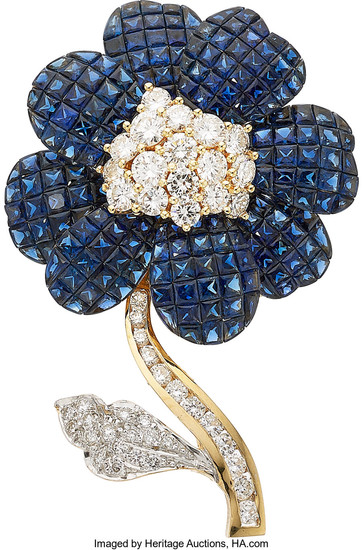 Sapphire, Diamond, Gold Clip-Brooch The flower brooch features calibré-cut...