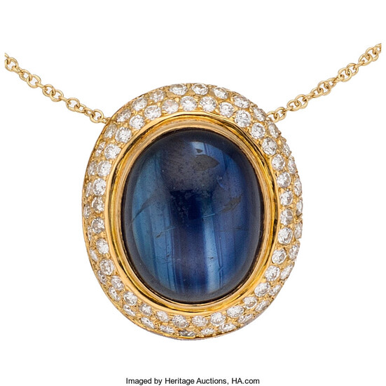 Sapphire, Diamond, Gold Pendant-Necklace The pendant features an oval-shaped...