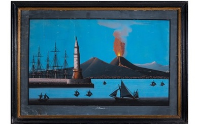 Scuola napoletana del XIX secolo, Coppia di vedute del porto di Napoli con l'eruzione del Vesuvio del novembre 1868. 1868 ca.