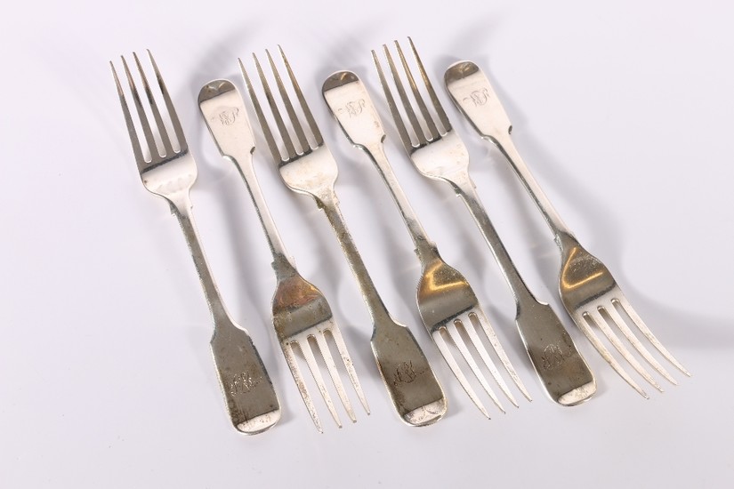 Set of six Victorian silver fiddle pattern table forks monog...