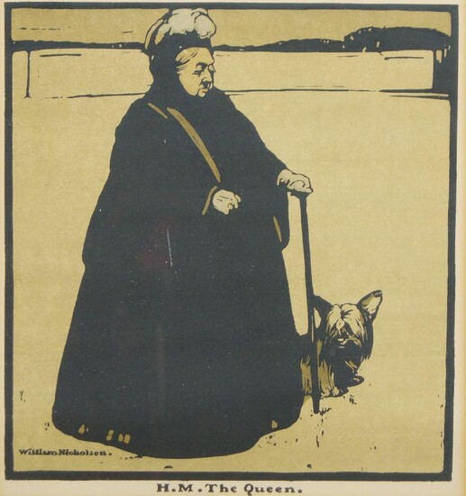 Sir William Nicholson, British 1872-1949- H.M. The Queen; lithograph printed in colours, from Twelve Portraits, 1898, signed within the plate, 26 x 24 cm.: together with two further lithographs by the same artist, including Barmaid, from London...