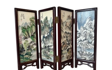 Small Vintage Chinese Table Screen - Watercolor Painting On Soapstone Panels