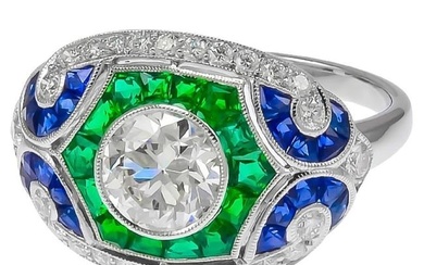 Sophia D. .70 Carat Diamond Art Deco Ring with Blue Sapphire and Emerald