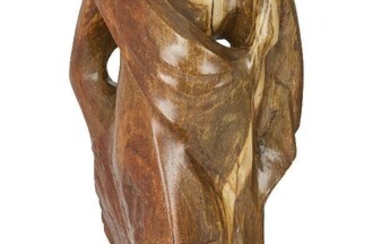 South African School, Abstract figural group, 1978, Variegated stone, hardwood plinth, Signed with monogram and dated 'CC 78', 42cm high