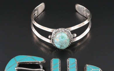Southwestern Sterling Turquoise Cuff and Faux Turquoise Belt Buckle Set