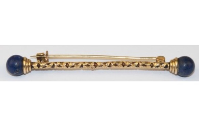Stabbrosche, 585er GG, 2 Lapislazuli-Kugeln mit Dm. von 1 cm, Stab mit feinem Akanthusblattdekor, g