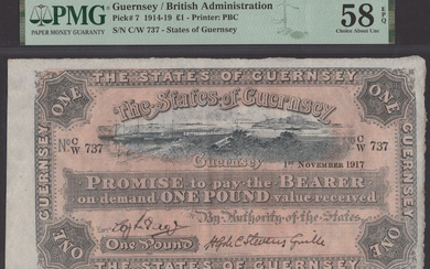 States of Guernsey, £1, 1 November 1917, serial number C/W 737, two...