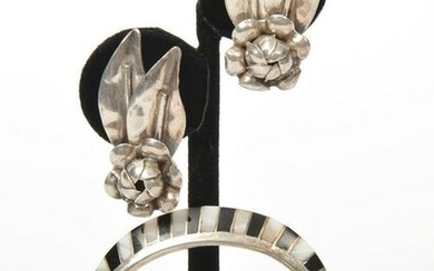 Sterling Onyx MOP Bracelet & Hobe Earrings