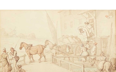 THOMAS ROWLANDSON (BRITISH 1756-1827) FIGURES AND HORSES OUTSIDE A MILL