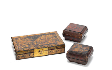 THREE GILT-DECORATED BLACK LACQUER 'LANDSCAPE' BOXES Qing Dynasty