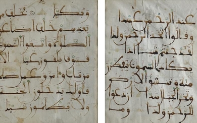 TWO ANDALUSI KUFIC SCRIPT QURAN FOLIOS, ANDALUSIA, 13TH