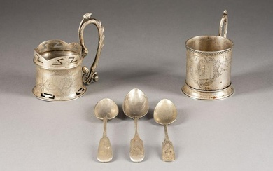 TWO SILVER TEAGLASS-HOLDERS AND THREE SPOONS, ONE WITH E