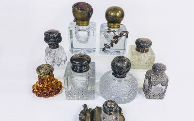 Ten Mostly Sterling Silver-mounted Inkwells, including a Val St. Lambert lobed with gilt-sterling lid, and two mixed metal, ht. to 7 3/
