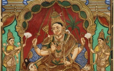 Thanjavur school, South India, pigment and gold leaf on paper, 19/20th C.: 'Vishnu and Lakshmi'
