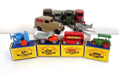 Three Minic delivery vehicles and cars, a Dinky military model,...