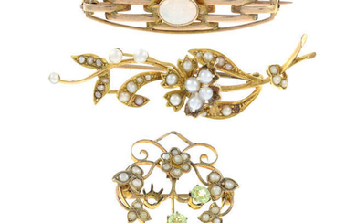 Three early 20th century gold gem-set brooches. One AF.