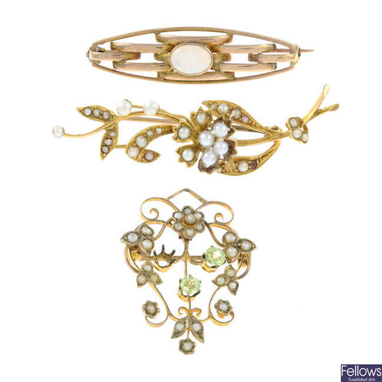 Three early 20th century gold gem-set brooches. One AF.