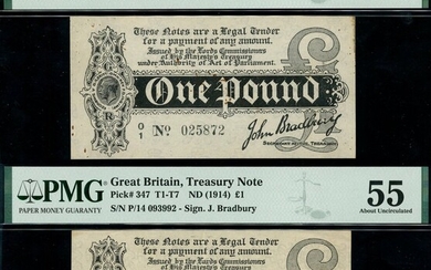 Treasury Series, John Bradbury, first issue £1 (2), ND (7 August 1914), serial number O/1 02587...