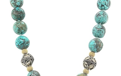 Turquoise Beaded Necklace with 14k Yellow Gold and Sterling Silver Accents