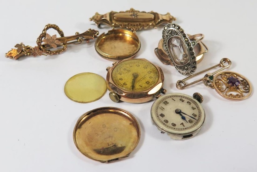 Two 9ct Gold Ladies Wristwatches, 9ct gold brooches, amethys...