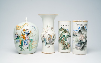 Two Chinese qianjiang cai hat stands with an animated river landscape, a yenyen vase and...