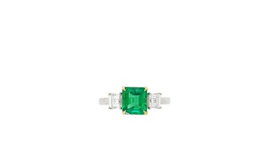Two-Color Gold, Emerald and Diamond Ring