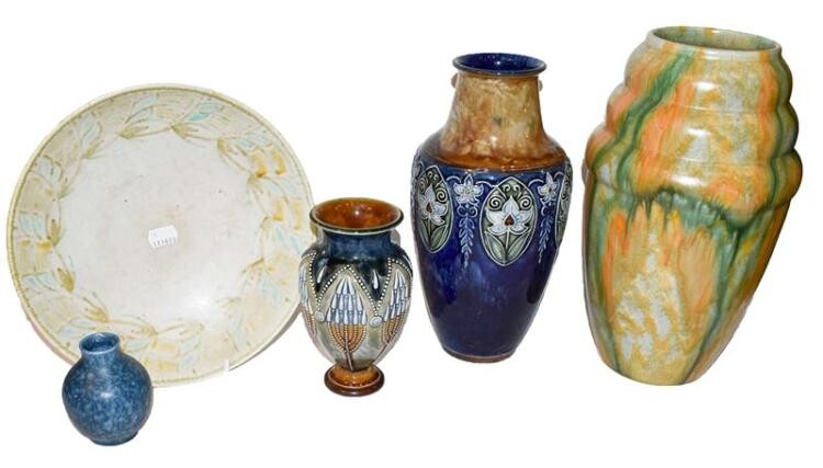 Two Doulton Lambeth vases, a Royal Lancastrian large pottery bowl...
