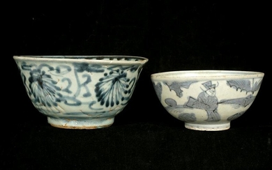 2 Antique Early Chinese Blue and White Decorated Bowls