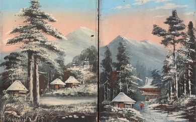 Two Japanese Oil on Panel Winter Landscapes.