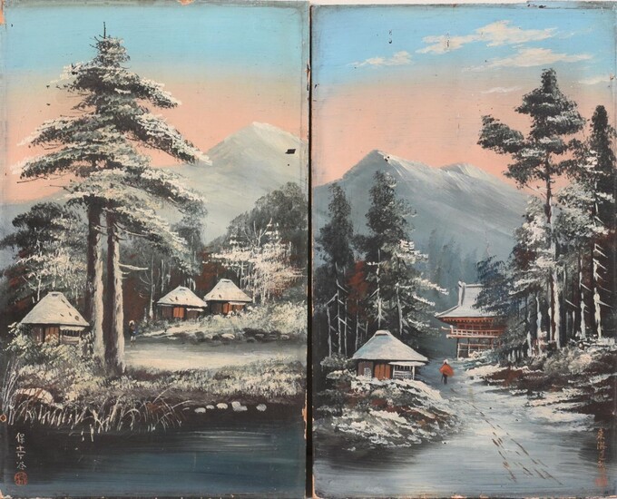 Two Japanese Oil on Panel Winter Landscapes.