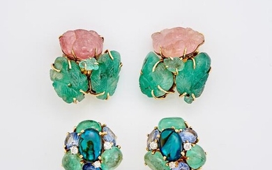 Two Pairs of Gold, Carved Emerald and Rose Quartz, Cabochon Emerald, Sapphire, Abalone and Simulated Diamond Earclips