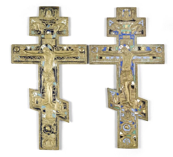 Two Russian Orthodox brass and enamel hand-held blessing crosses, 19th century, 36cm and 37cm high (2) Provenance: Christieâ€™s, London, 23 March 1994, lot 64. The Geoffrey and Fay Elliot collection.