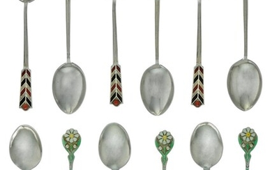 Two Sets of Silver Coffee Spoons With decorative Art Deco enamelling. Hallmarked for Birmingha...