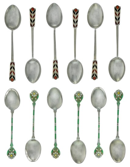 Two Sets of Silver Coffee Spoons With decorative Art Deco enamelling. Hallmarked for Birmingha...