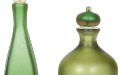 Two Venini Green Inciso Glass Bottles with Stoppers
