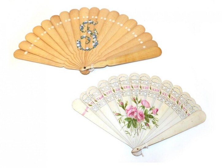 Two Wood Brisé Fans from the 1880's, the first painted...